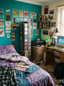 Vintage boombox and CD tower displayed in a nostalgic 90s bedroom.