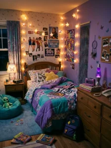 Star-shaped covers on string lights decorating a nostalgic 90s bedroom.