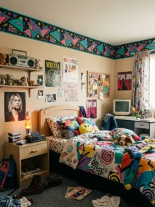 Bold geometric wallpaper border decorating a nostalgic 90s bedroom.