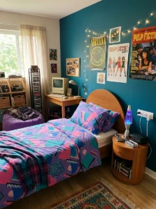 Livable 90s inspired bedroom combining nostalgic decor with modern comfort and organization.
