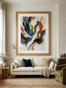 Professionally framed abstract art in a luxury living room.