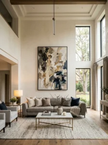 Oversized artwork creating a focal point in a tall living room.