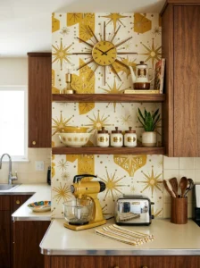 Atomic wallpaper accent wall in a mid-century kitchen.