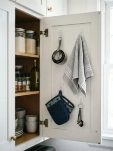 Adhesive hooks storing lightweight kitchen items inside a cabinet door.