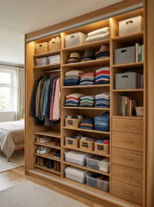 Adjustable modular shelves in wardrobe.