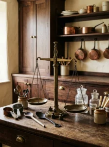 Vintage brass balance scale and measuring tools on an apothecary kitchen counter