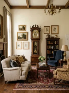 Antique grandfather clock in an elegant classic living room