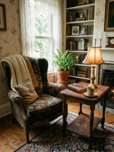 Vintage side table adding character.