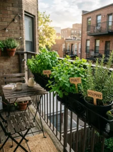 Small balcony herb garden with basil, mint, and rosemary in railing planters.