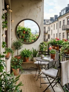 Outdoor mirror reflecting plants and light to make a small balcony feel larger.