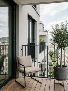 Minimalist black metal balcony railing with simple vertical bars