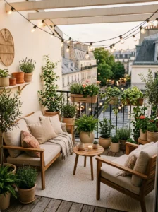 Small balcony decorated with coordinated beige, cream, wood, and green tones.