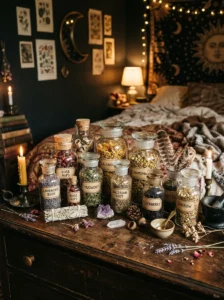 Antique apothecary jars used for bedroom storage and display.