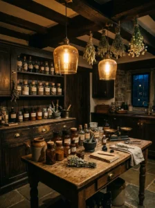 Warm amber pendant lights illuminating an apothecary-style kitchen