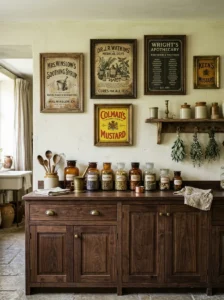 Vintage apothecary signs and antique labels decorating a kitchen wall