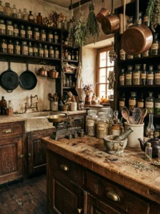 Lived-in apothecary kitchen with aged wood, brass, glass jars and vintage details
