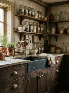Aged brass cabinet hardware with natural patina in a vintage kitchen