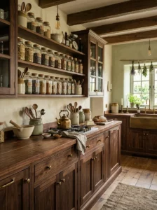 Muted cream and sage walls in a warm apothecary-style kitchen