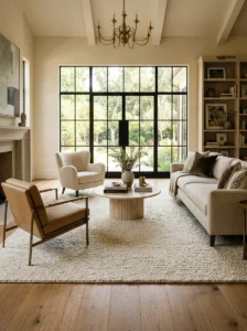 Oversized area rug anchoring a luxury living room.