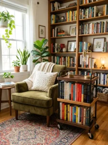 Rolling book cart beside a comfortable home library chair.