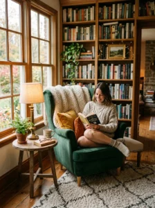 Cozy library corner with layered soft textiles.