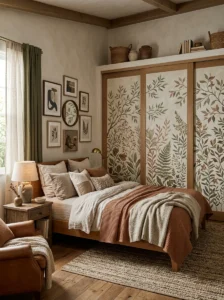 Hand-painted botanical mural on bedroom closet doors