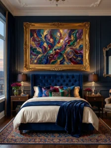 Deep-toned artwork complementing a bedroom.