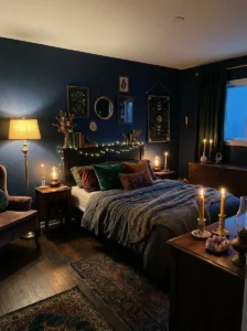 Layered warm lighting in a moody witchy bedroom.