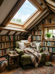 Cozy library nook beneath a skylight.