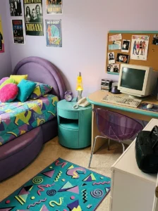 Rounded bubble-shaped furniture creating an authentic 90s bedroom aesthetic.