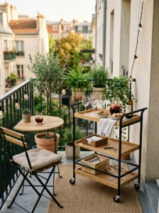 Narrow mobile bar cart providing flexible entertaining space on a small balcony.