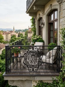 Custom monogram ironwork incorporated into a balcony railing