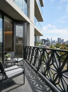 Geometric metal balcony railing with bold modern patterns