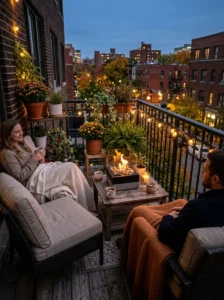 Compact tabletop fire feature creating a cozy evening atmosphere on a balcony.