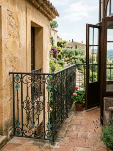 Wrought iron balcony railing with distinctive copper accents