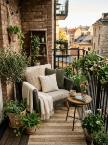 Compact weatherproof storage box protecting cushions on a small balcony.