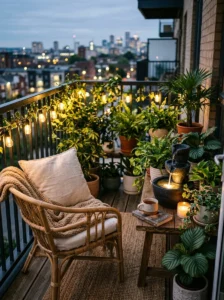 Compact tabletop water fountain creating a calming atmosphere on a small balcony.