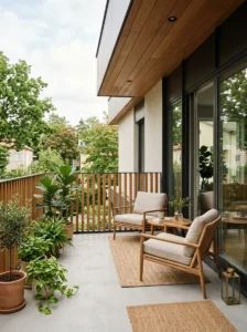 Vertical wood slat balcony railing in a mid-century modern home