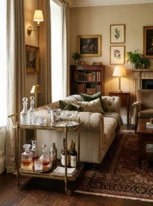 Classic brass bar cart with glassware in an elegant living room