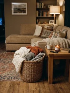 Woven basket storing blankets beside the sofa.