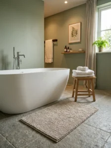 Soft plush bath mat beside a modern bathtub