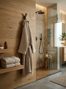 Waffle-weave bathrobe hanging beside a modern bathroom shower