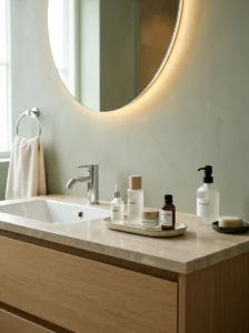 Skincare products neatly arranged on a small bathroom vanity tray