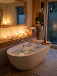 Candles creating warm ambiance around a relaxing bathroom bathtub