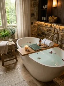 Wooden bath tray with candles and accessories across a relaxing bathtub