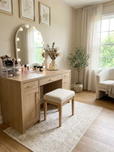 Low-pile neutral rug beneath a beauty vanity for comfort and easy cleaning.
