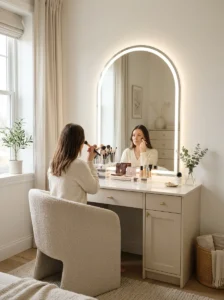 Neutral white beauty room designed to provide an accurate makeup application background.
