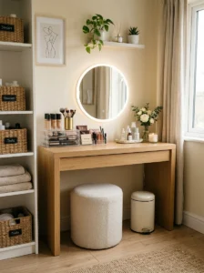Small lidded trash bin discreetly placed beside an organized beauty vanity.