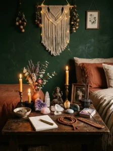 Dedicated altar and ritual space in a witchy bedroom.