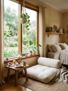 Small meditation and grounding corner in a bedroom.